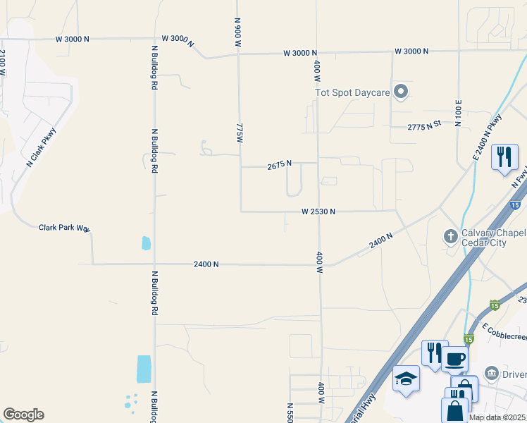 map of restaurants, bars, coffee shops, grocery stores, and more near 496 West 2530 North in Cedar City