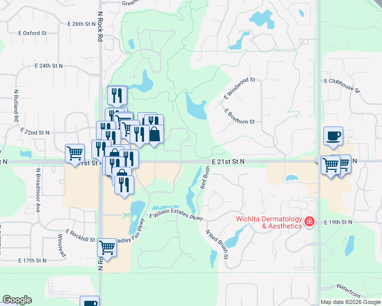 map of restaurants, bars, coffee shops, grocery stores, and more near 8600 East 21st Street North in Wichita