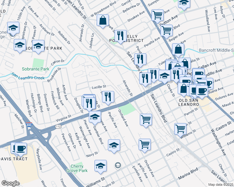 map of restaurants, bars, coffee shops, grocery stores, and more near 101 Lucille Street in San Leandro