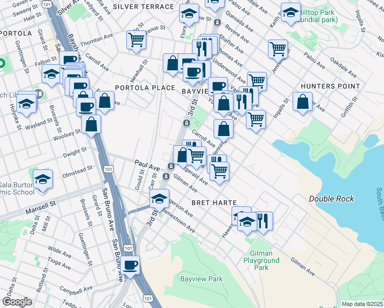 map of restaurants, bars, coffee shops, grocery stores, and more near 1474 Egbert Avenue in San Francisco