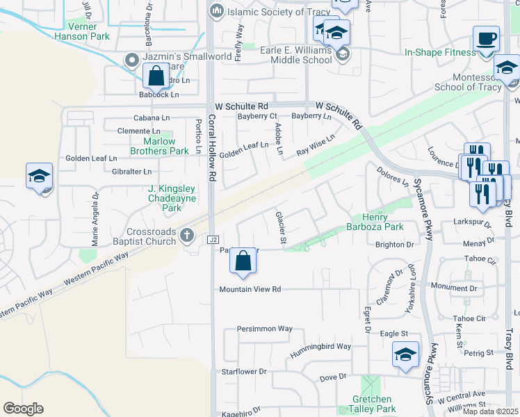map of restaurants, bars, coffee shops, grocery stores, and more near 1841 Summertime Drive in Tracy