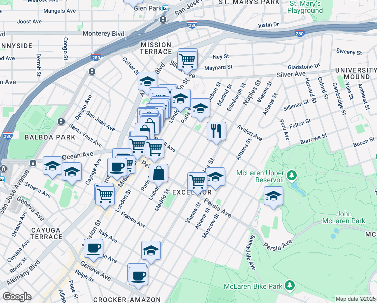 map of restaurants, bars, coffee shops, grocery stores, and more near 378 Madrid Street in San Francisco