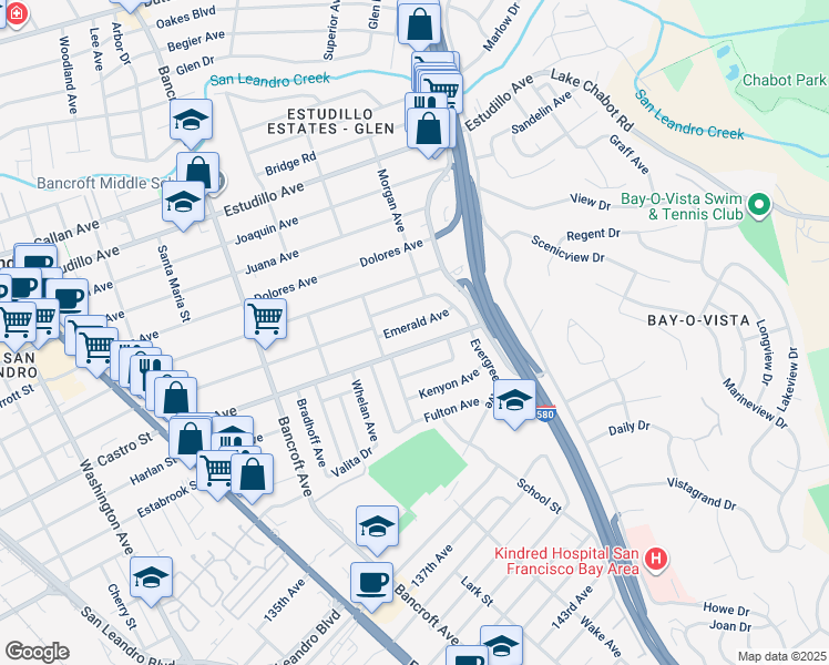 map of restaurants, bars, coffee shops, grocery stores, and more near 835 Emerald Avenue in San Leandro