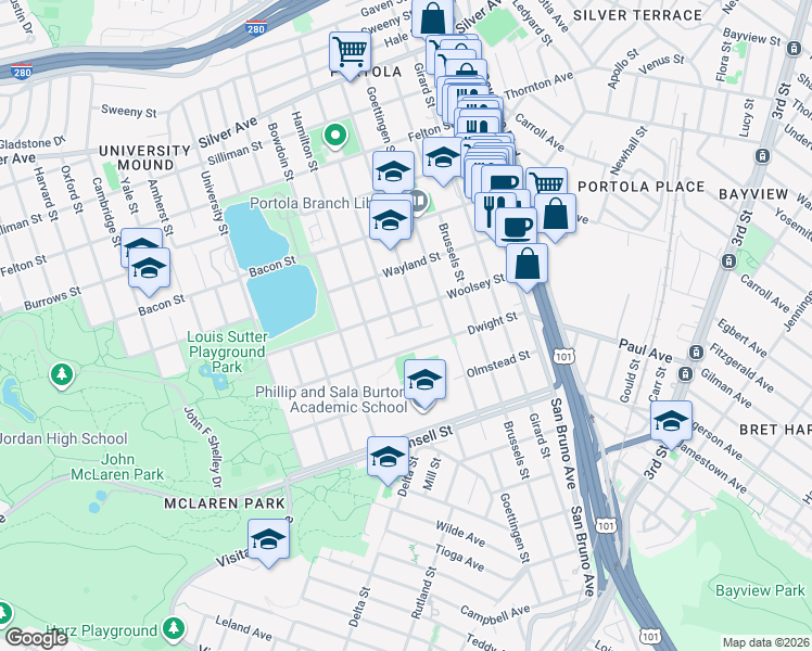 map of restaurants, bars, coffee shops, grocery stores, and more near 110 Karen Court in San Francisco
