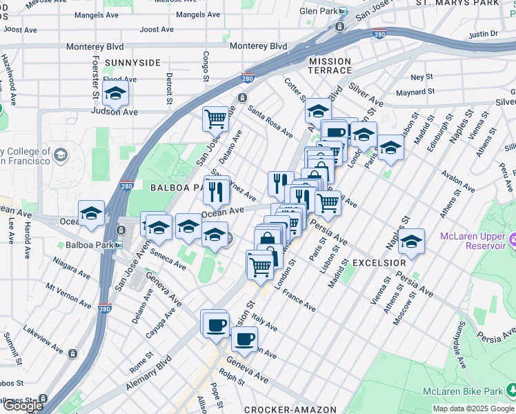 map of restaurants, bars, coffee shops, grocery stores, and more near in San Francisco