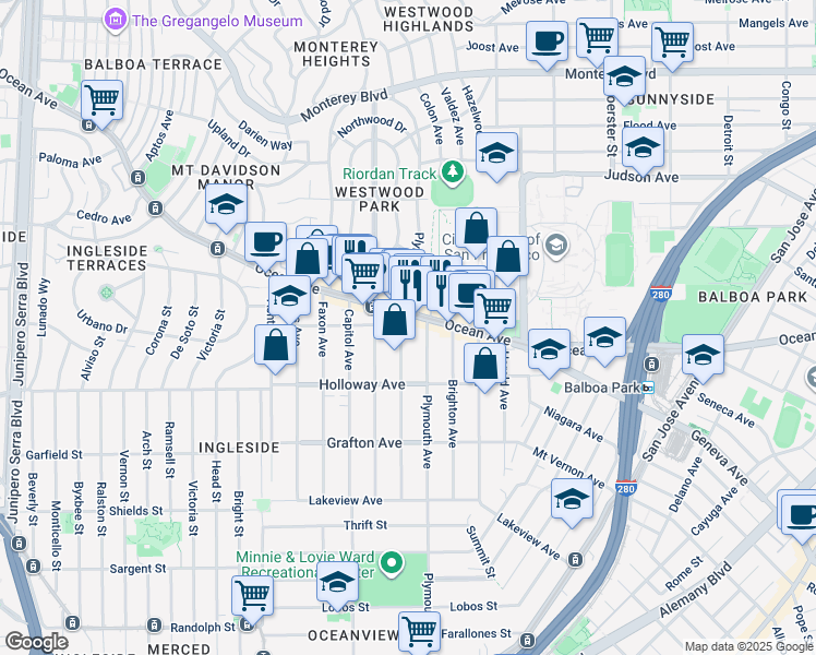 map of restaurants, bars, coffee shops, grocery stores, and more near 272 Granada Avenue in San Francisco