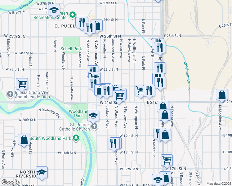map of restaurants, bars, coffee shops, grocery stores, and more near 2231 Jackson North Avenue in Wichita