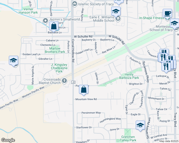 map of restaurants, bars, coffee shops, grocery stores, and more near 1841 Summertime Drive in Tracy