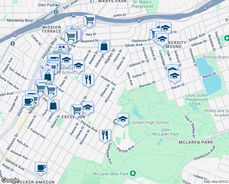 map of restaurants, bars, coffee shops, grocery stores, and more near 239 Moscow Street in San Francisco