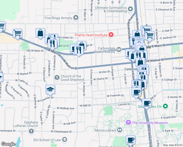 map of restaurants, bars, coffee shops, grocery stores, and more near 407 South Forest Avenue in Carbondale