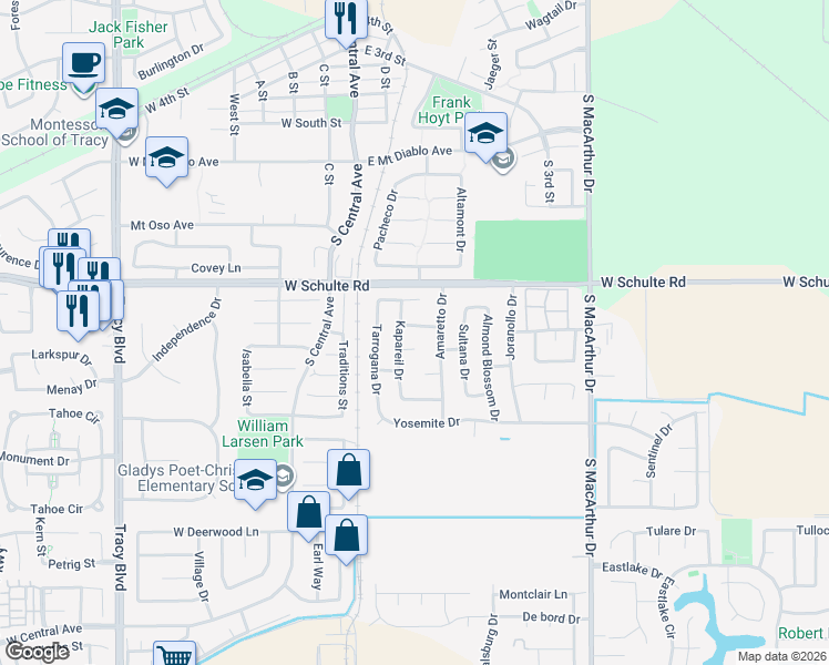 map of restaurants, bars, coffee shops, grocery stores, and more near 134 Eureka Way in Tracy