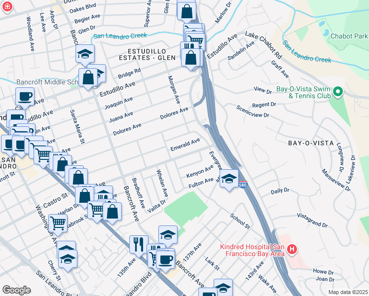 map of restaurants, bars, coffee shops, grocery stores, and more near 835 Emerald Avenue in San Leandro