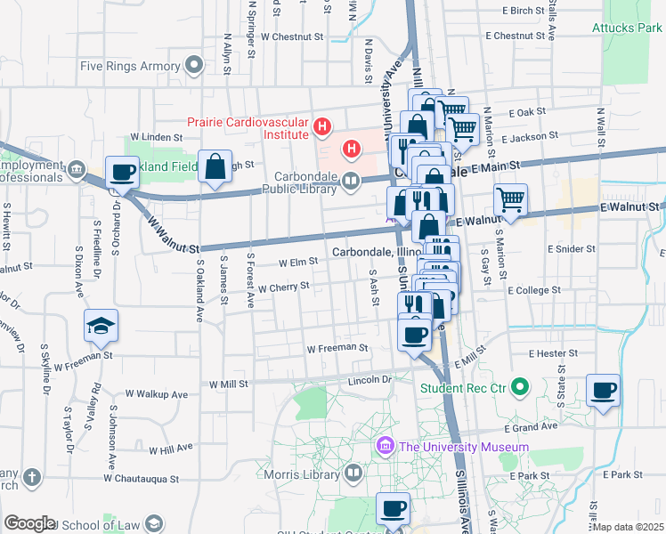 map of restaurants, bars, coffee shops, grocery stores, and more near 403 South Poplar Street in Carbondale