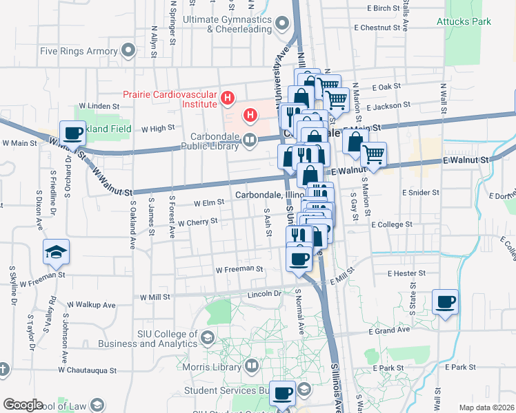 map of restaurants, bars, coffee shops, grocery stores, and more near 405 Cherry Court in Carbondale