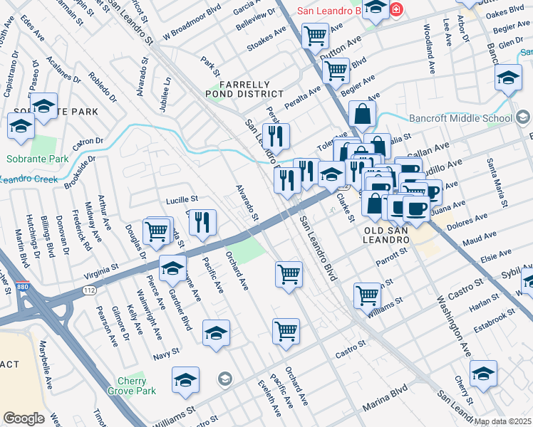 map of restaurants, bars, coffee shops, grocery stores, and more near 794 Davis Street in San Leandro