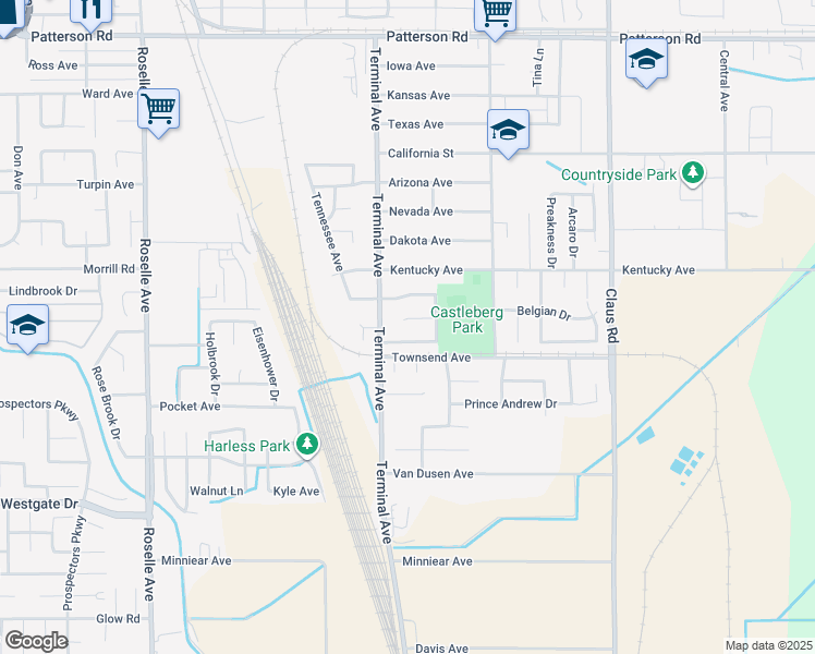 map of restaurants, bars, coffee shops, grocery stores, and more near 3624 Castleberg Court in Riverbank