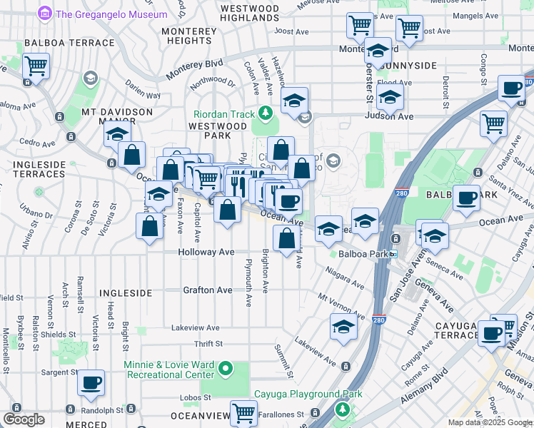 map of restaurants, bars, coffee shops, grocery stores, and more near 1150 Ocean Avenue in San Francisco