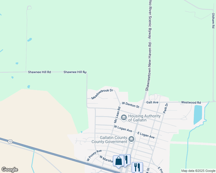 map of restaurants, bars, coffee shops, grocery stores, and more near 247 Meadowbrook Drive in Shawneetown