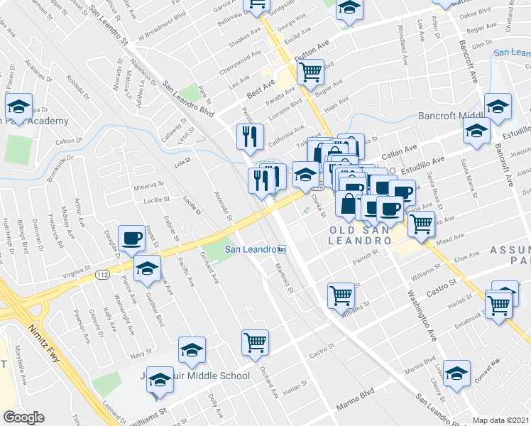 map of restaurants, bars, coffee shops, grocery stores, and more near 603 Davis St in San Leandro