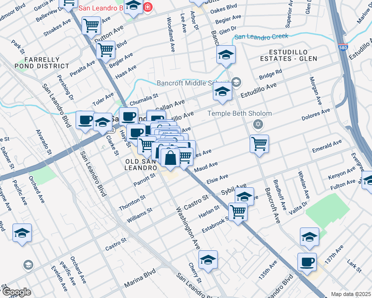 map of restaurants, bars, coffee shops, grocery stores, and more near 281 Juana Avenue in San Leandro