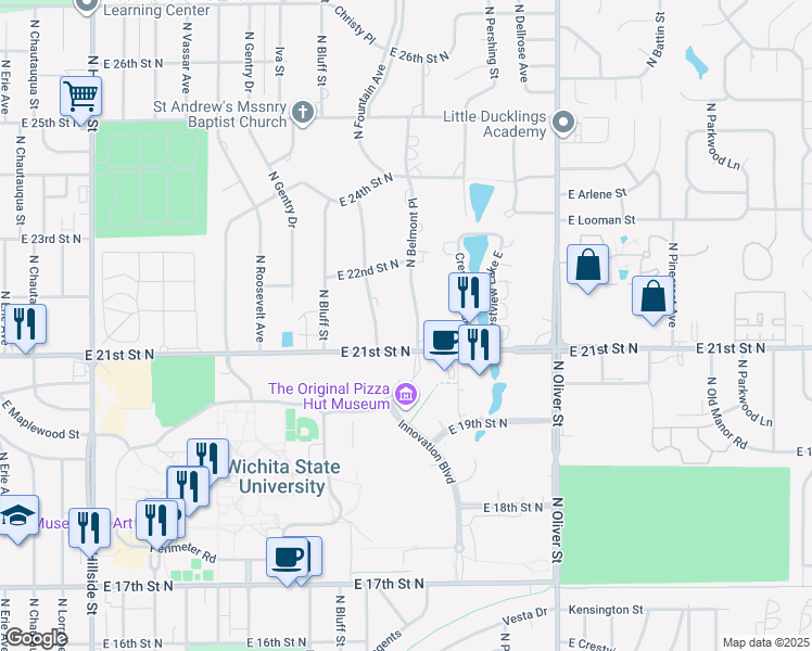 map of restaurants, bars, coffee shops, grocery stores, and more near 4160 East 21st Street North in Wichita