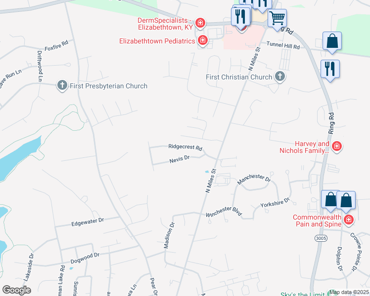 map of restaurants, bars, coffee shops, grocery stores, and more near 410 Ridgecrest Road in Elizabethtown
