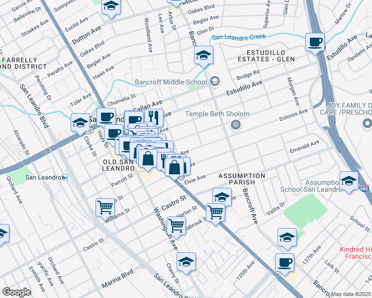 map of restaurants, bars, coffee shops, grocery stores, and more near 1588 Santa Rosa Street in San Leandro