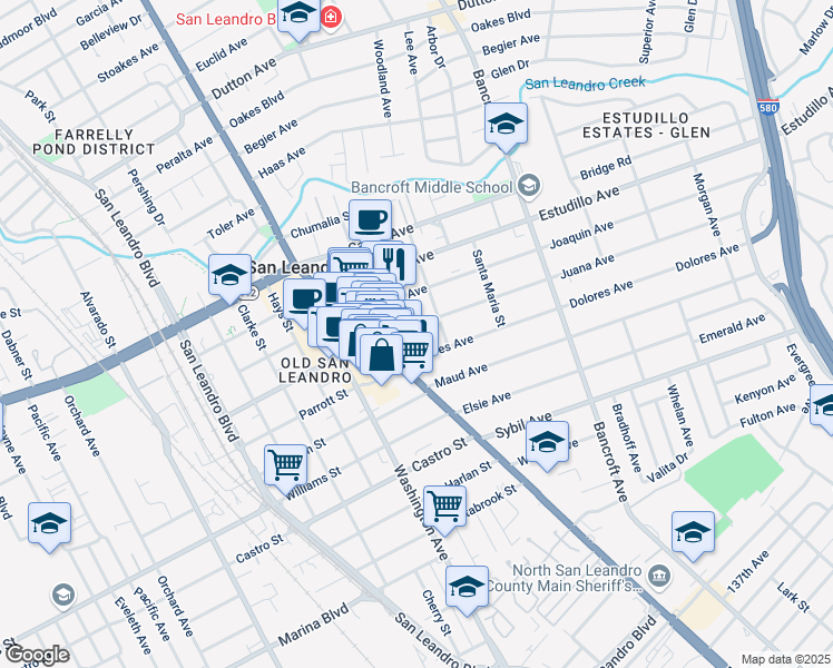 map of restaurants, bars, coffee shops, grocery stores, and more near 299 Juana Avenue in San Leandro