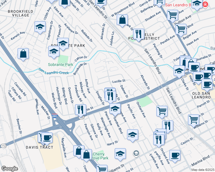 map of restaurants, bars, coffee shops, grocery stores, and more near 165 Preda Street in San Leandro