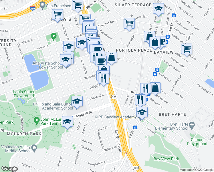 map of restaurants, bars, coffee shops, grocery stores, and more near 3027 San Bruno Avenue in San Francisco