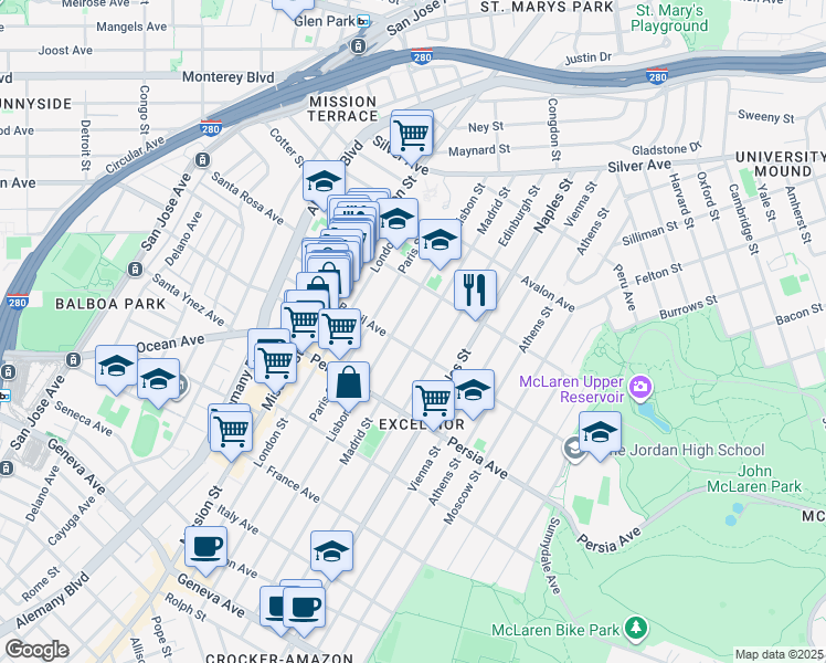 map of restaurants, bars, coffee shops, grocery stores, and more near 378 Madrid Street in San Francisco