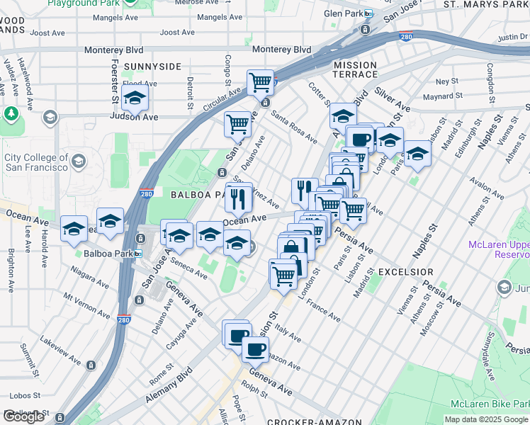 map of restaurants, bars, coffee shops, grocery stores, and more near in San Francisco