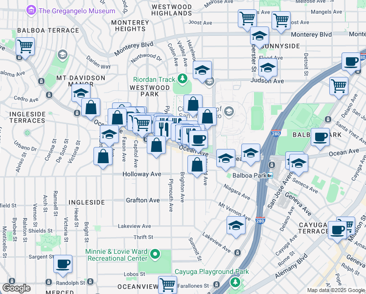 map of restaurants, bars, coffee shops, grocery stores, and more near 1201 Ocean Avenue in San Francisco