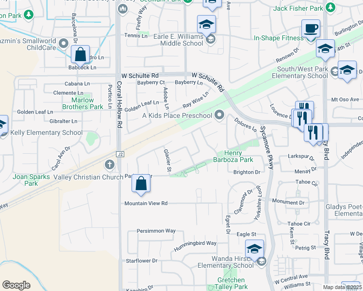 map of restaurants, bars, coffee shops, grocery stores, and more near 1715 Hudson Way in Tracy