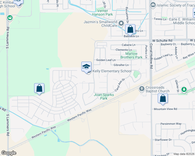 map of restaurants, bars, coffee shops, grocery stores, and more near 573 Veneto Court in Tracy