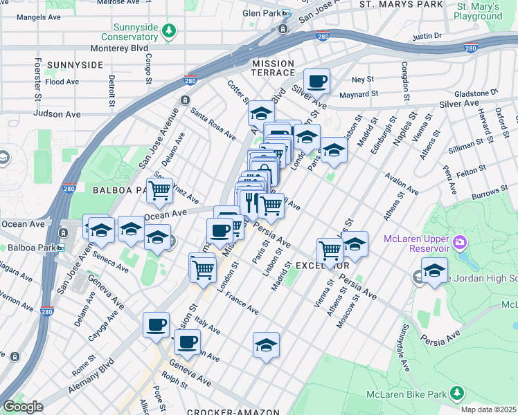 map of restaurants, bars, coffee shops, grocery stores, and more near 347 London Street in San Francisco