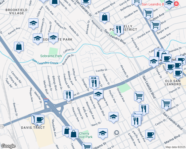map of restaurants, bars, coffee shops, grocery stores, and more near 165 Preda Street in San Leandro