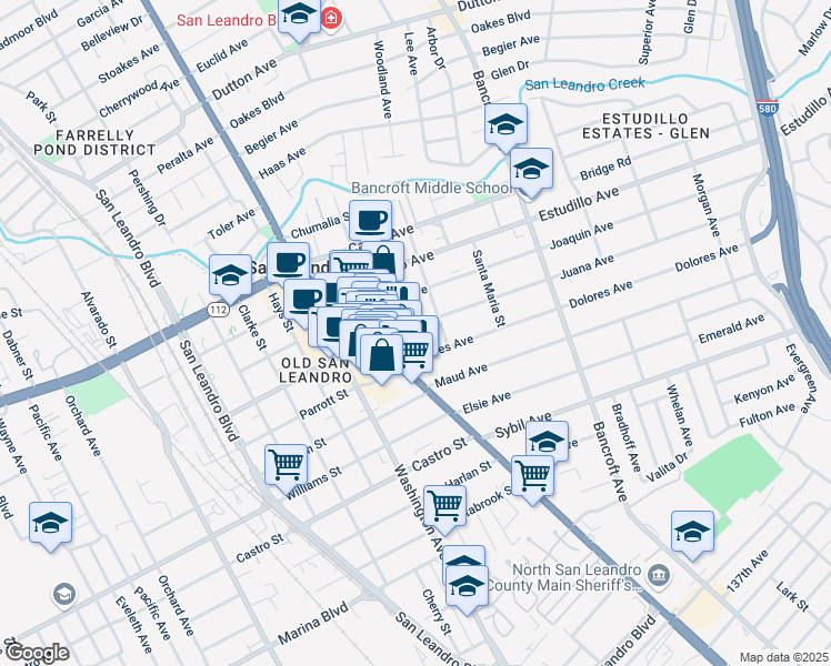 map of restaurants, bars, coffee shops, grocery stores, and more near 299 Juana Avenue in San Leandro