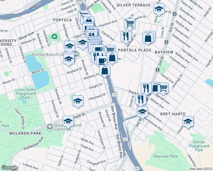 map of restaurants, bars, coffee shops, grocery stores, and more near 3001 San Bruno Avenue in San Francisco
