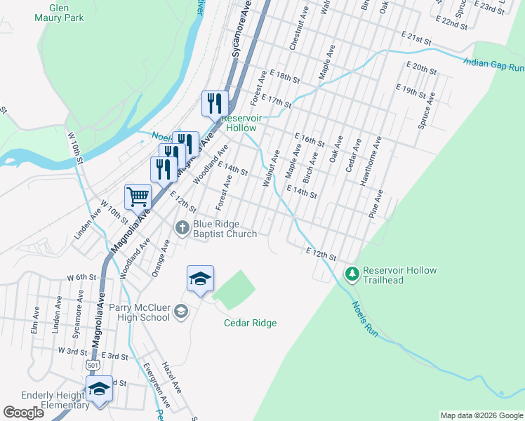 map of restaurants, bars, coffee shops, grocery stores, and more near 1235 Maple Avenue in Buena Vista