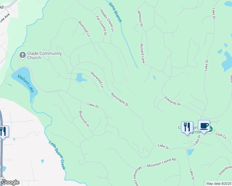 map of restaurants, bars, coffee shops, grocery stores, and more near 293 Barnstaple Drive in Daniels