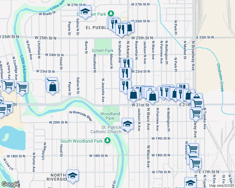 map of restaurants, bars, coffee shops, grocery stores, and more near 2236 N Shelton St in Wichita