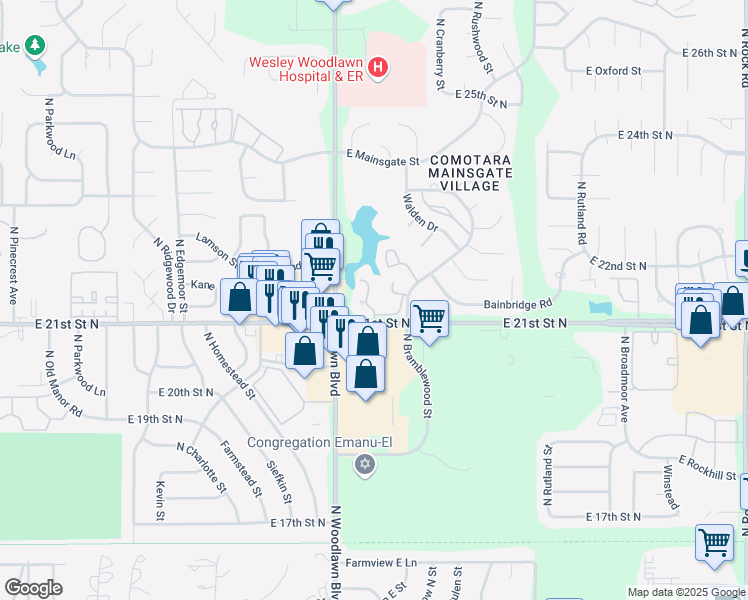 map of restaurants, bars, coffee shops, grocery stores, and more near 6500 East 21st Street North in Wichita