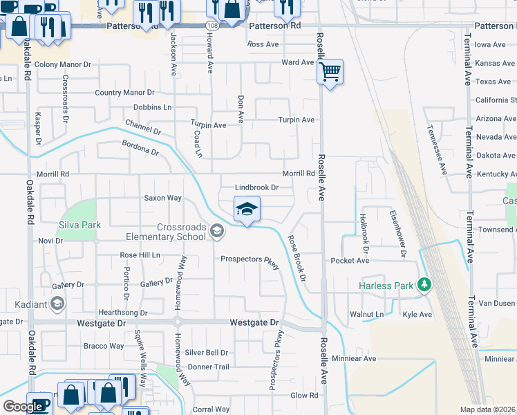 map of restaurants, bars, coffee shops, grocery stores, and more near 5901 Newbrook Circle in Riverbank