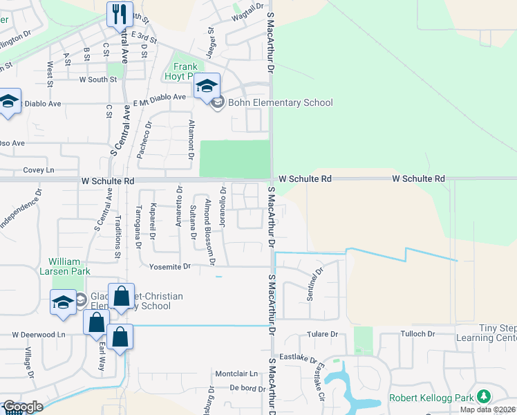 map of restaurants, bars, coffee shops, grocery stores, and more near 950 Peerless Court in Tracy