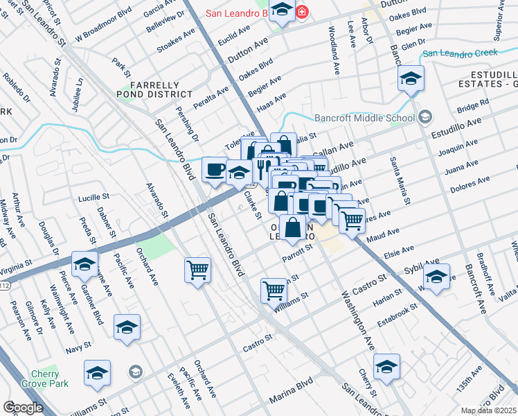 map of restaurants, bars, coffee shops, grocery stores, and more near 1345 Clarke Street in San Leandro