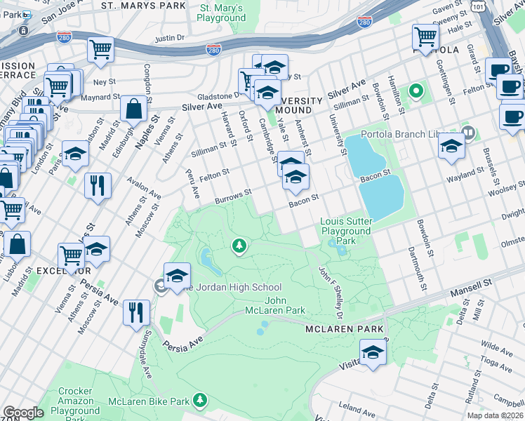map of restaurants, bars, coffee shops, grocery stores, and more near 1700 Bacon Street in San Francisco