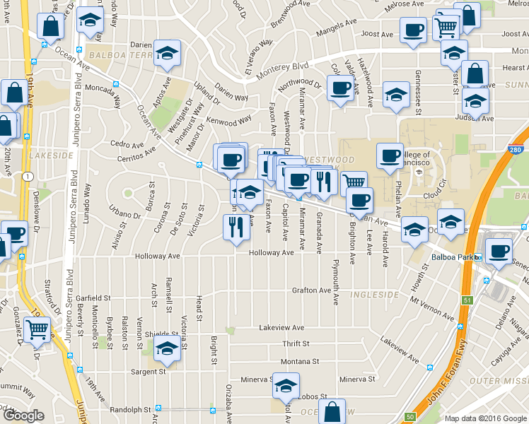 map of restaurants, bars, coffee shops, grocery stores, and more near 501 Faxon Avenue in San Francisco