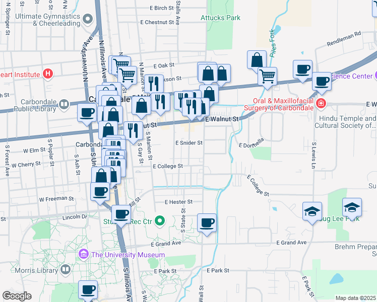 map of restaurants, bars, coffee shops, grocery stores, and more near 417 South Graham Avenue in Carbondale