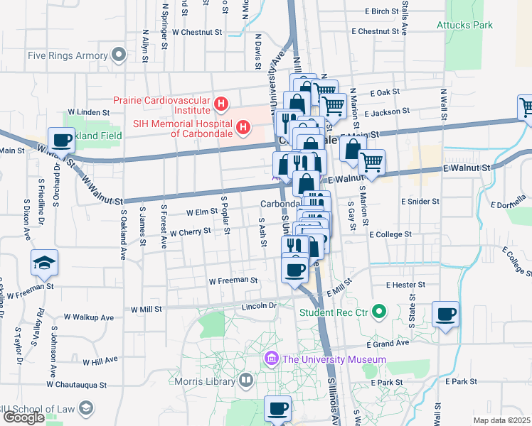 map of restaurants, bars, coffee shops, grocery stores, and more near 405 Cherry Court in Carbondale